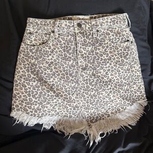 We The Free Leopard Cheetah Print Denim Mini Skirt with Frayed Hem